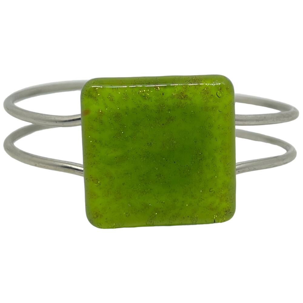 Green Glass Cuff Bracelet with Silver Tone Wire Design